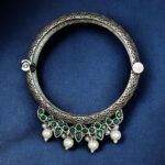 Traditional Silver Look alike Openable Bangle | Stone Pearl & Work Beautiful Kada - "Green"