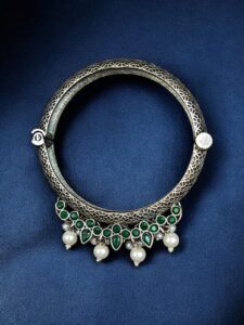 Traditional Silver Look alike Openable Bangle | Stone Pearl & Work Beautiful Kada — "Green"