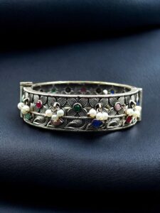 Beautiful Design Stone & Pearl Work Openable Bangle | Oxidized Silver Jewelry — "Multi"