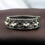 Beautiful Design Stone & Pearl Work Openable Bangle | Oxidized Silver Jewelry - "Black"