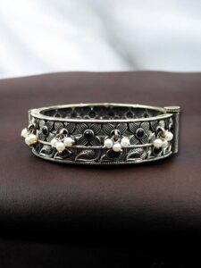 Beautiful Design Stone & Pearl Work Openable Bangle | Oxidized Silver Jewelry — "Black"