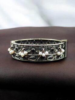 Beautiful design stone and pearl work oxidized silver openable bangle