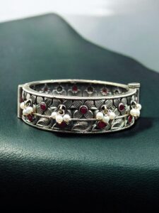 Beautiful Design Stone & Pearl Work Openable Bangle | Oxidized Silver Jewelry — "Red"