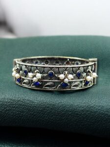 Beautiful Design Stone & Pearl Work Openable Bangle | Oxidized Silver Jewelry — "Blue"