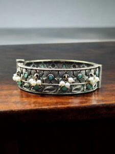 Beautiful Design Stone & Pearl Work Openable Bangle | Oxidized Silver Jewelry — "Mint"