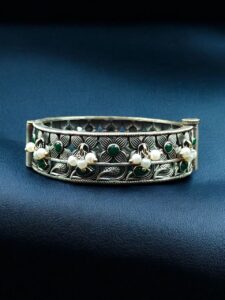 Beautiful Design Stone & Pearl Work Openable Bangle | Oxidized Silver Jewelry — "Green"