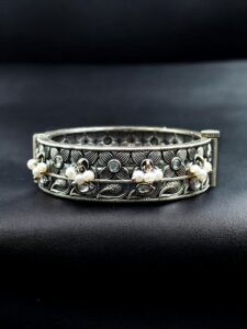 Beautiful Design Stone & Pearl Work Openable Bangle | Oxidized Silver Jewelry — "White"