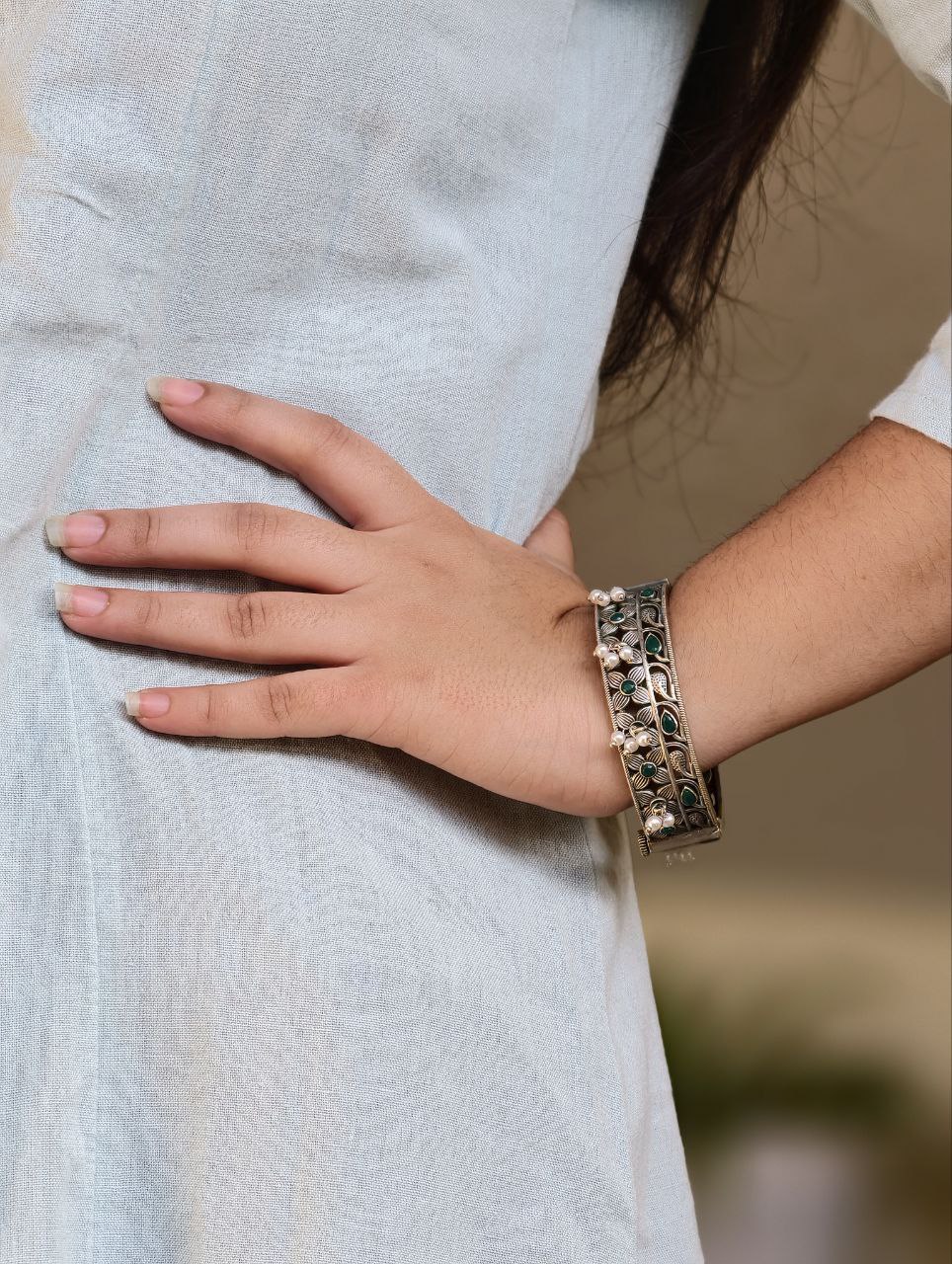 Beautiful Design Stone & Pearl Work Openable Bangle | Oxidized Silver Jewelry 3 Beautiful design stone and pearl work oxidized silver openable bangle