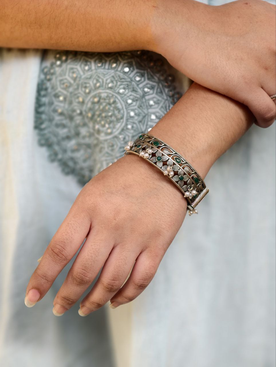 Beautiful Design Stone & Pearl Work Openable Bangle | Oxidized Silver Jewelry 5 Beautiful design stone and pearl work oxidized silver openable bangle