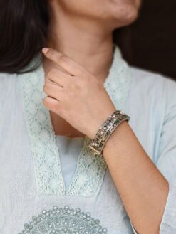 Beautiful design stone and pearl work oxidized silver openable bangle