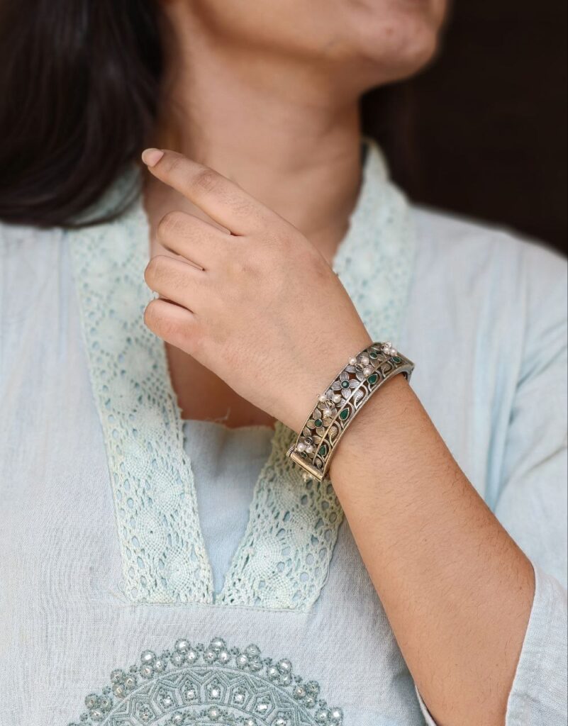 Beautiful Design Stone & Pearl Work Openable Bangle | Oxidized Silver Jewelry