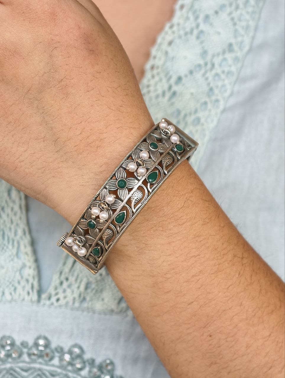 Beautiful Design Stone & Pearl Work Openable Bangle | Oxidized Silver Jewelry 12 Beautiful design stone and pearl work oxidized silver openable bangle