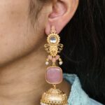 Beautiful Gold Plated Jhumka Earrings | Lightweight Dangler Pearl & Stone Work Jewelry - "Baby Pink"