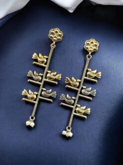 Handcrafted two-tone bird earrings with pearl work