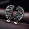 Traditional peacock design oxidized German silver stone pearl earrings