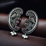 Traditional Peacock Design Earrings | Best Oxidized German Silver Stone & Pearl Work - "Red"