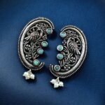 Traditional Peacock Design Earrings | Best Oxidized German Silver Stone & Pearl Work - "Mint"