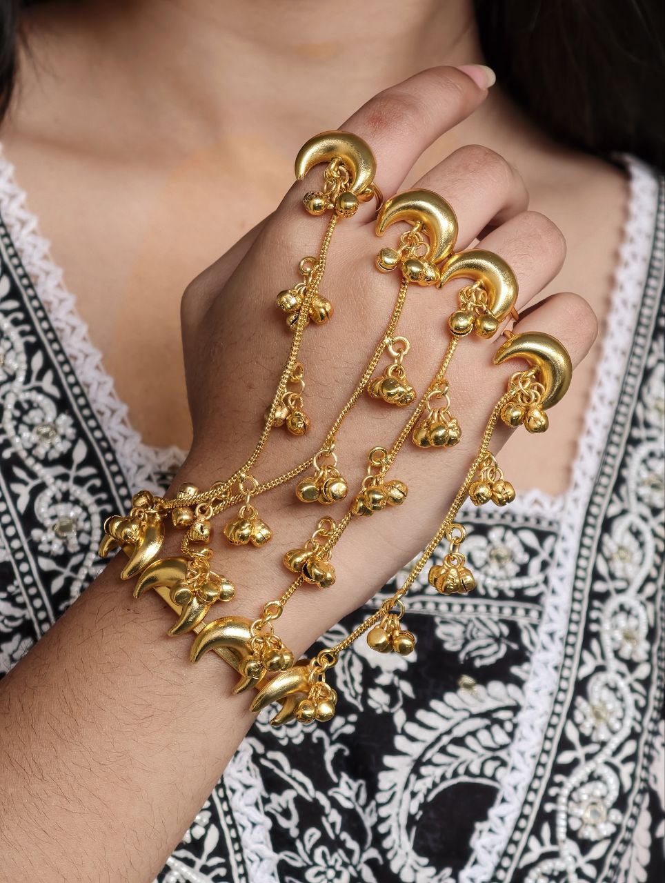 Gold Plated Moon Kashmiri Hathphool | Unique Chain Bracelet with Adjustable Ring 6 Gold plated moon Kashmiri hathphool with adjustable ring