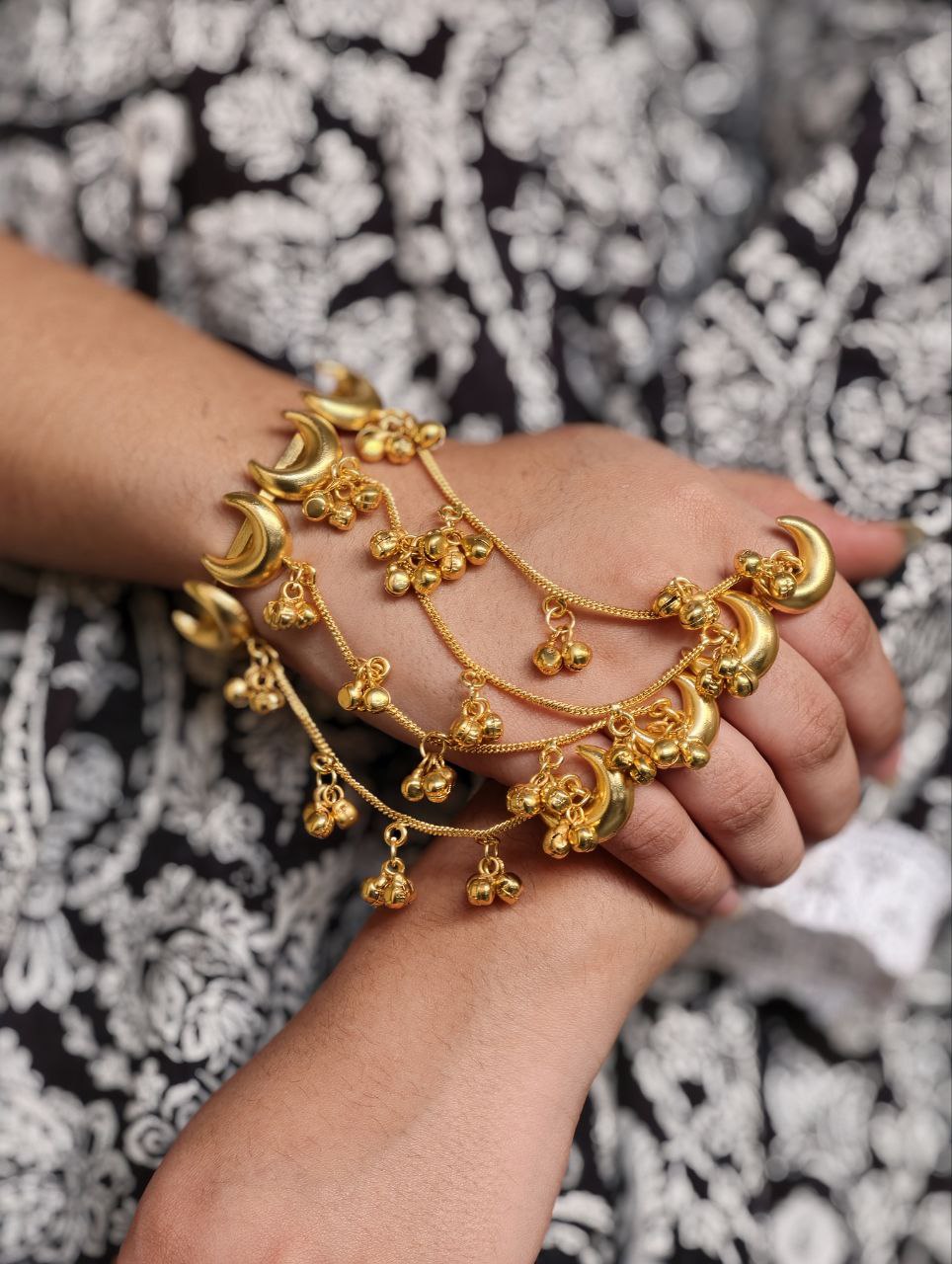 Gold Plated Moon Kashmiri Hathphool | Unique Chain Bracelet with Adjustable Ring 4 Gold plated moon Kashmiri hathphool with adjustable ring