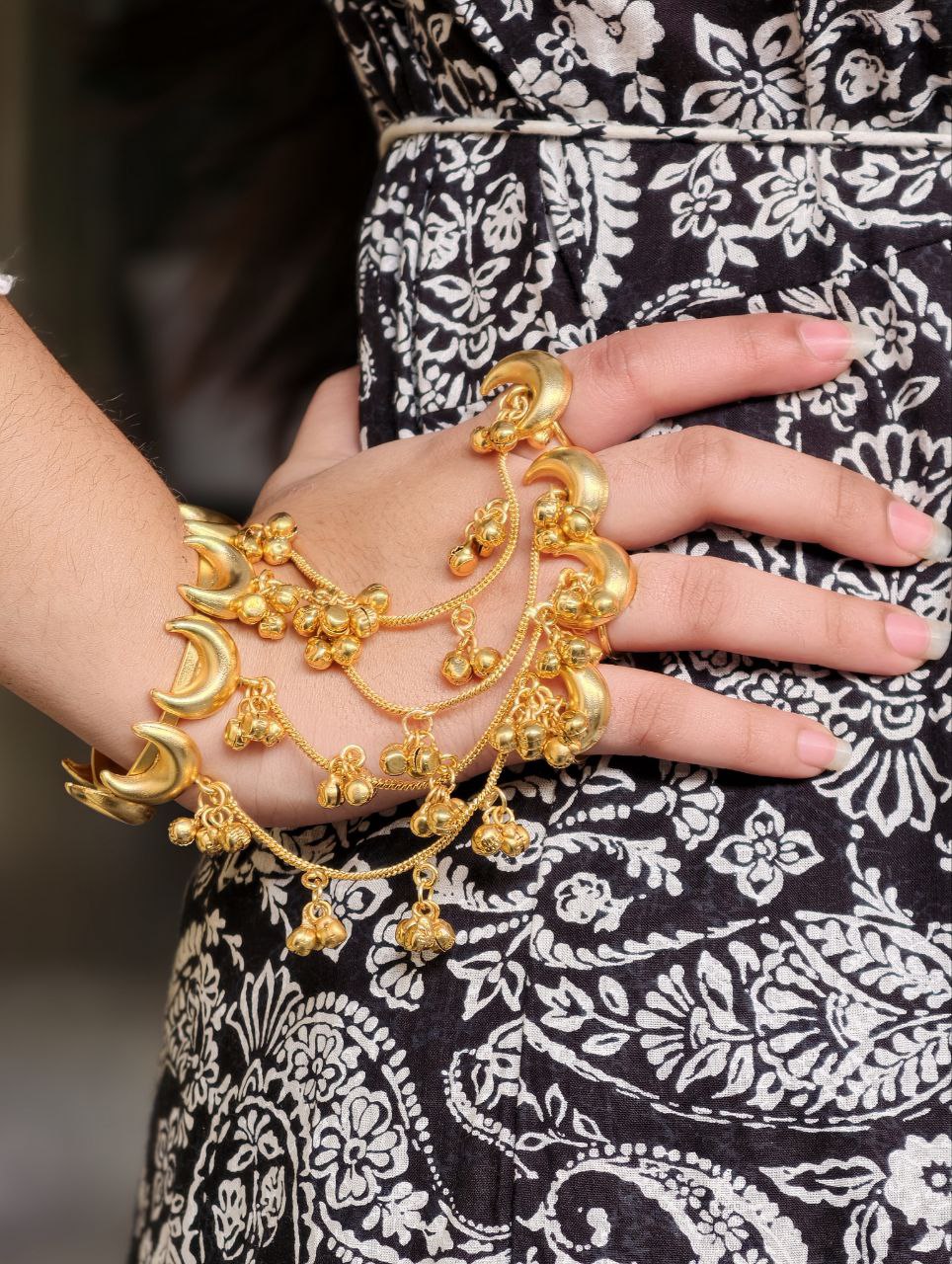 Gold Plated Moon Kashmiri Hathphool | Unique Chain Bracelet with Adjustable Ring 2 Gold plated moon Kashmiri hathphool with adjustable ring