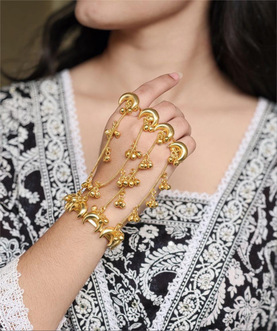 Gold Plated Moon Kashmiri Hathphool | Unique Chain Bracelet with Adjustable Ring 1 Gold plated moon Kashmiri hathphool with adjustable ring