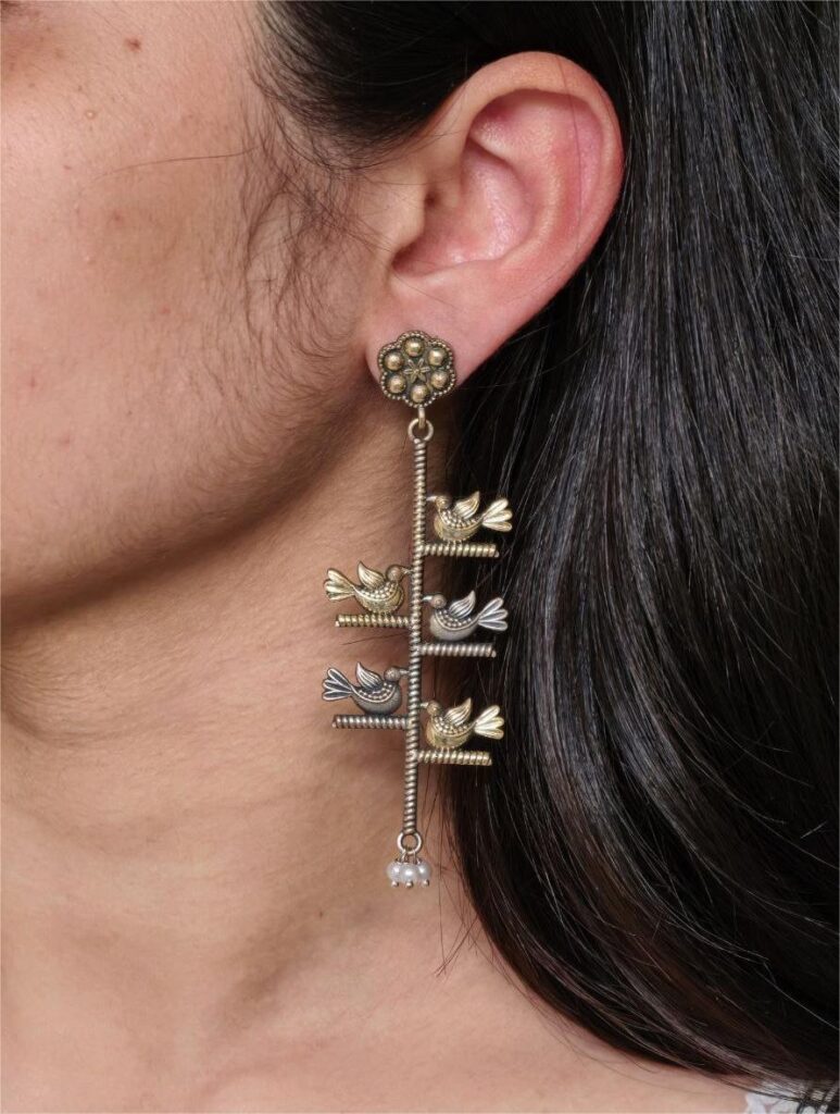 Handcrafted Two-Tone Bird Earrings | Pearl Work Unique Designer Jewelry