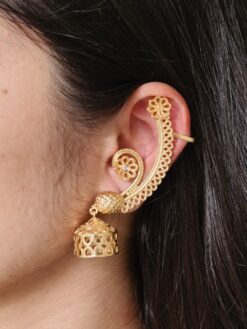 Flower design gold plated jhumka earcuff with stone work