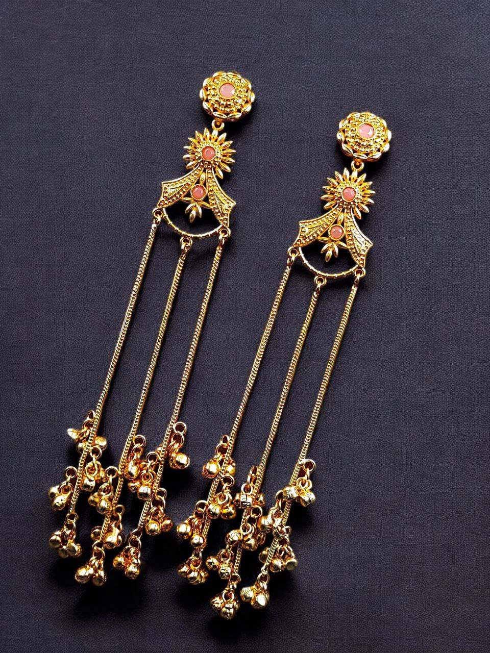 Gold Plated Kashmiri Earrings with Beautiful Stone Work | Traditional Ethnic Dangler Jewelry 2 Gold plated Kashmiri dangler earrings with traditional stone work design