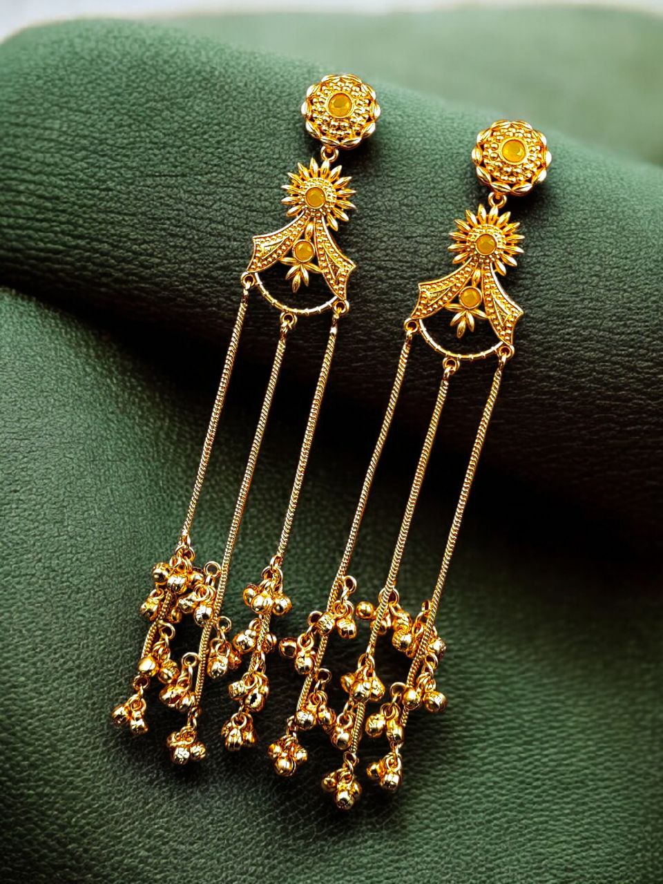 Gold Plated Kashmiri Earrings with Beautiful Stone Work | Traditional Ethnic Dangler Jewelry 4 Gold plated Kashmiri dangler earrings with traditional stone work design