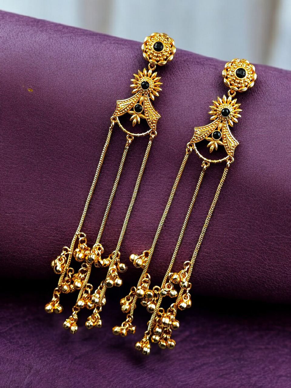 Gold Plated Kashmiri Earrings with Beautiful Stone Work | Traditional Ethnic Dangler Jewelry 6 Gold plated Kashmiri dangler earrings with traditional stone work design