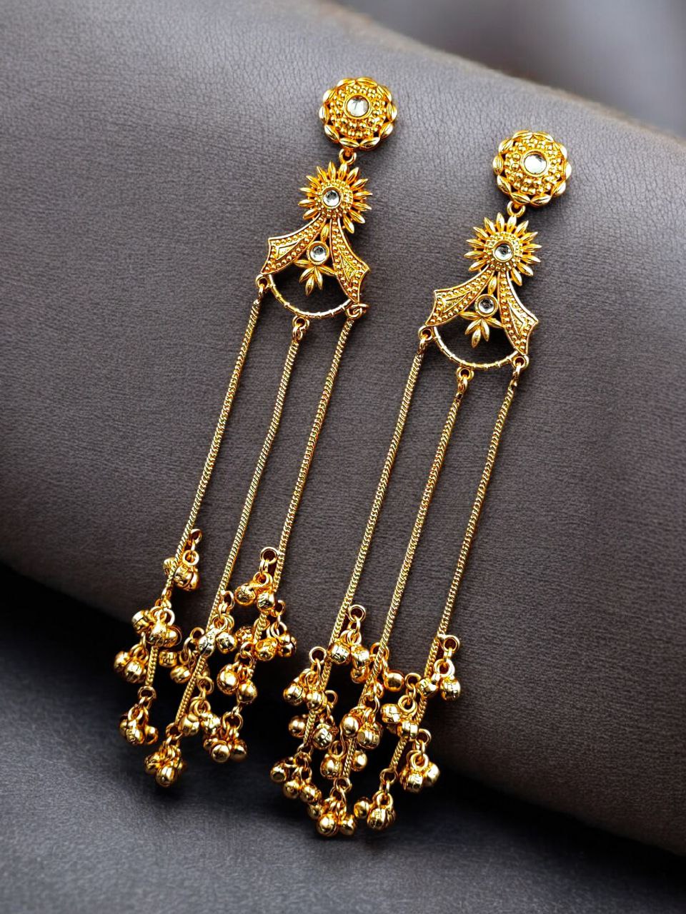 Gold Plated Kashmiri Earrings with Beautiful Stone Work | Traditional Ethnic Dangler Jewelry 5 Gold plated Kashmiri dangler earrings with traditional stone work design