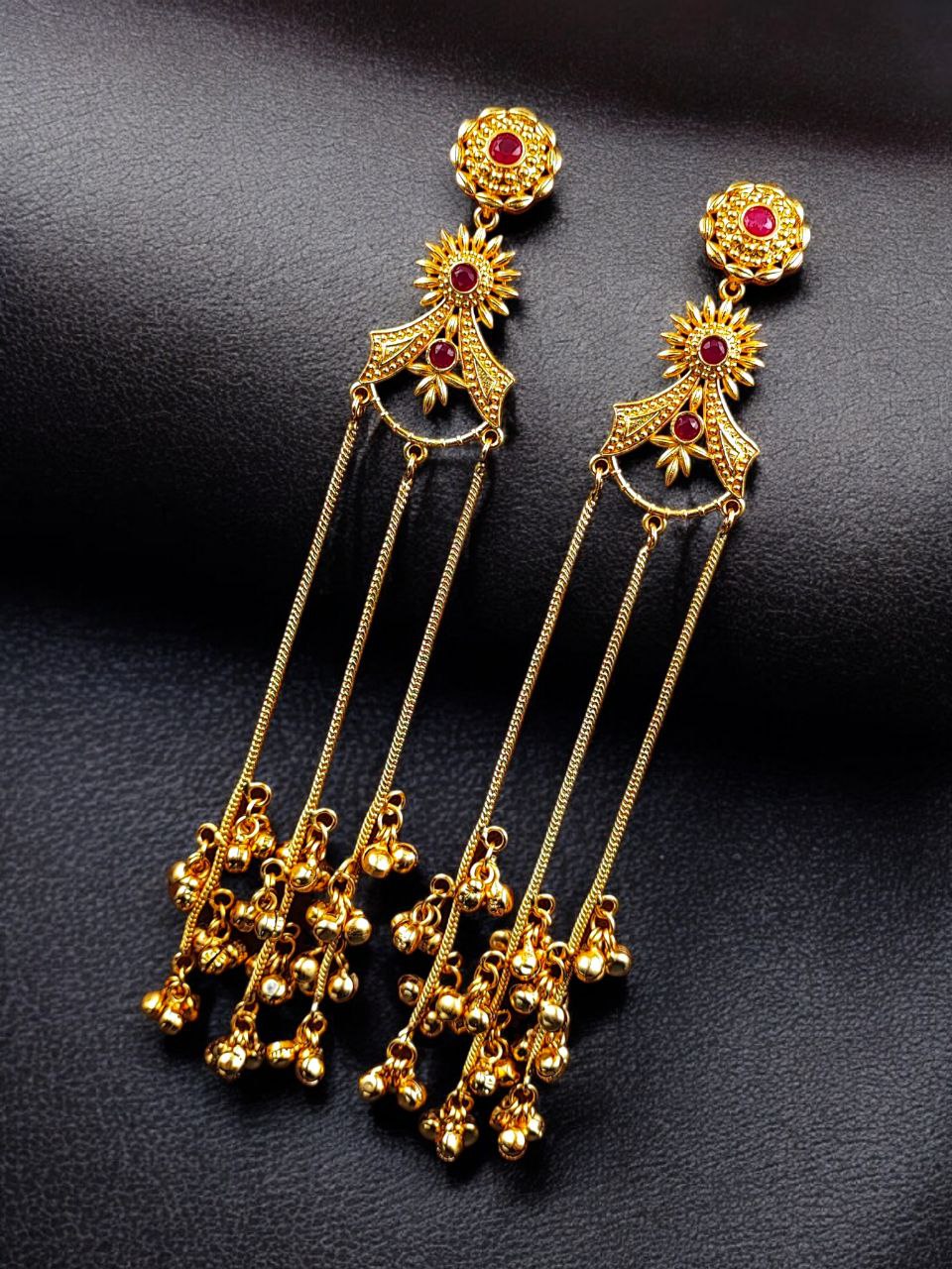Gold Plated Kashmiri Earrings with Beautiful Stone Work | Traditional Ethnic Dangler Jewelry 9 Gold plated Kashmiri dangler earrings with traditional stone work design