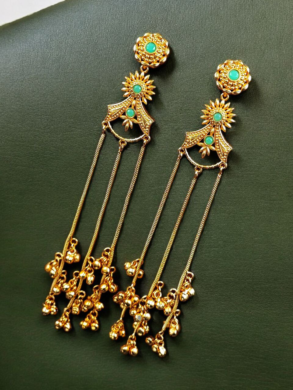Gold Plated Kashmiri Earrings with Beautiful Stone Work | Traditional Ethnic Dangler Jewelry 10 Gold plated Kashmiri dangler earrings with traditional stone work design