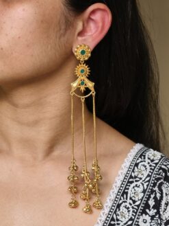 Gold plated Kashmiri dangler earrings with traditional stone work design