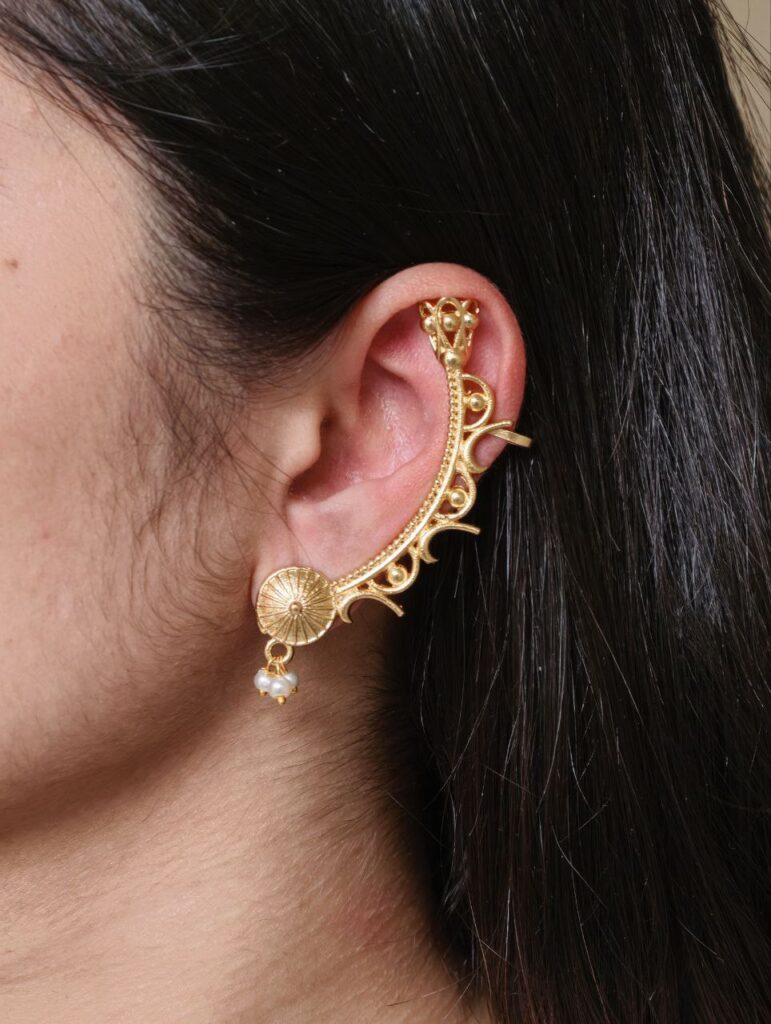 Beautiful Pearl Work Gold Plated Earcuff | Ethnic Vintage Design Jewelry