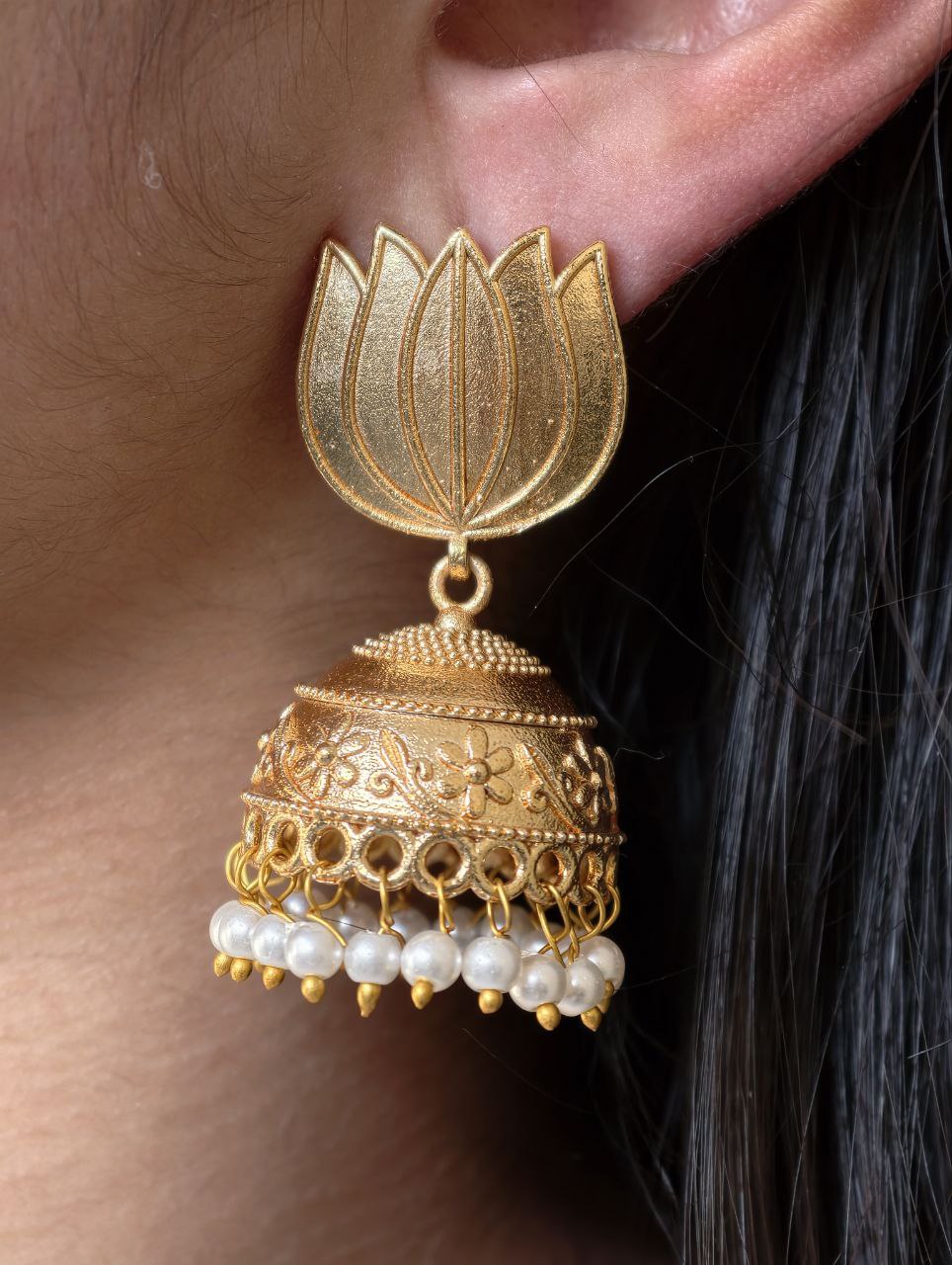 Beautiful Gold Plated Lotus Jhumka Earrings | Pearl Detailing Traditional Dangler Jewelry 2 Gold plated lotus jhumka earrings with pearl detailing