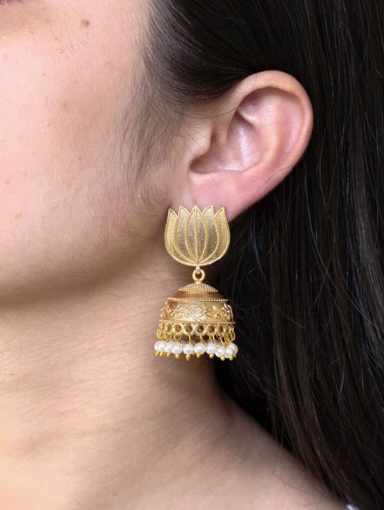 Beautiful Gold Plated Lotus Jhumka Earrings | Pearl Detailing Traditional Dangler Jewelry