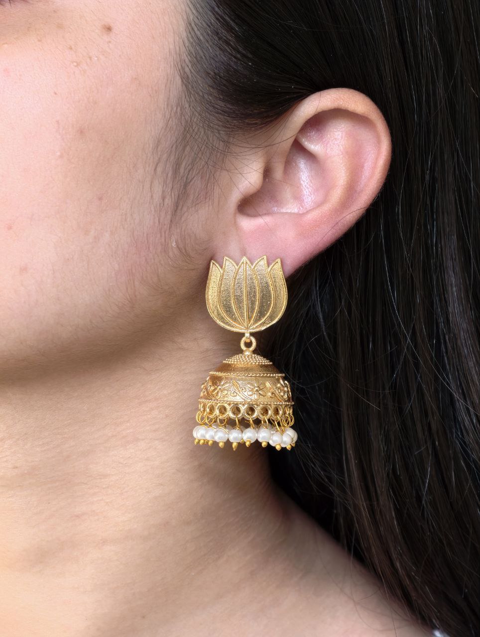 Beautiful Gold Plated Lotus Jhumka Earrings | Pearl Detailing Traditional Dangler Jewelry 1 Gold plated lotus jhumka earrings with pearl detailing