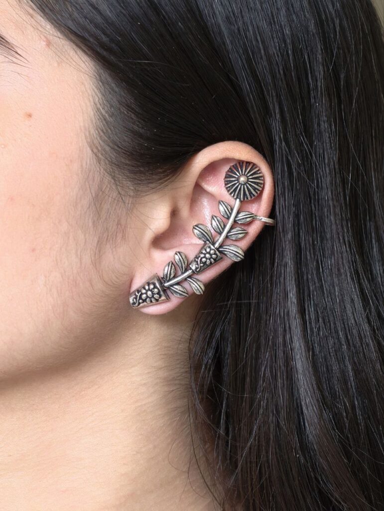 Vintage Look Flower Pot Design Earcuff | Best Oxidized Silver Replica Statement Jewelry