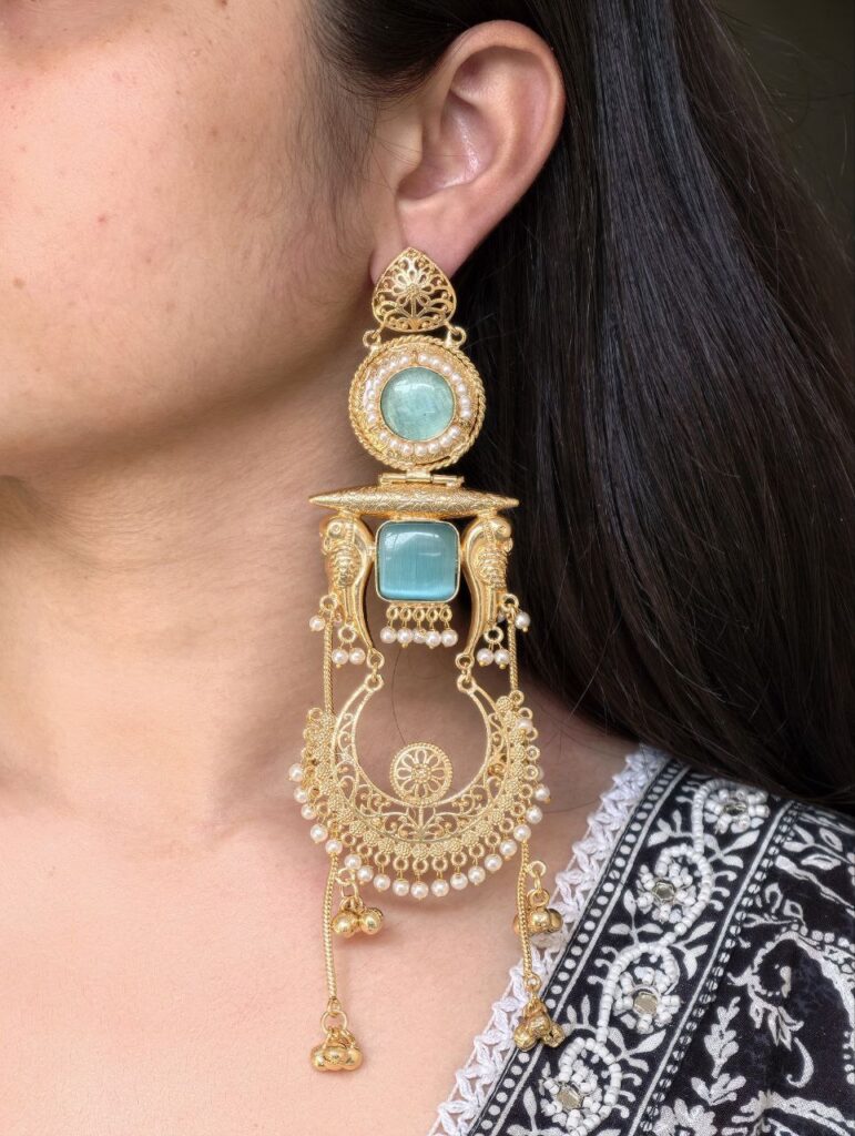 Traditional Gold Plated Parrot Design Kashmiri Earrings | Beautiful Pearl Detailing Jewelry
