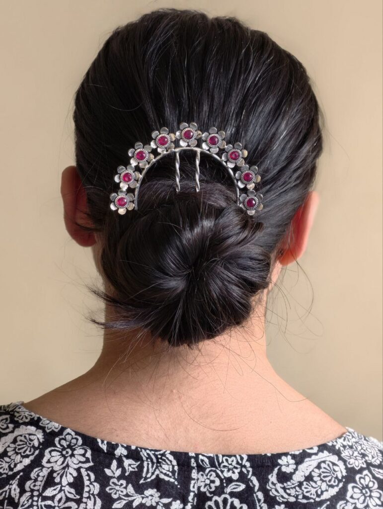 Ethnic Silver Plated Flower Bun Stick | Beautiful Hair Accessory with Stone Work