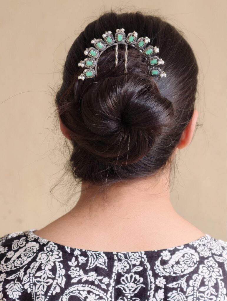 Traditional Silver Plated Square Shape Juda Pin | Pearl & Stone Work Best Hair Accessory