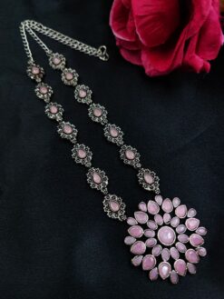 Traditional Flower Design Silver Plated Necklace with Stone Work Jewelry