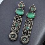 Beautiful Silver Replica Oxidized Dangler Earrings | Monalisa Stone Floral Art Jewelry - "Mint"