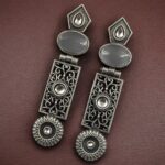Beautiful Silver Replica Oxidized Dangler Earrings | Monalisa Stone Floral Art Jewelry - "Grey"