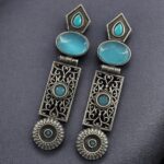 Beautiful Silver Replica Oxidized Dangler Earrings | Monalisa Stone Floral Art Jewelry - "Aqua"