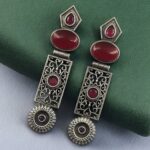 Beautiful Silver Replica Oxidized Dangler Earrings | Monalisa Stone Floral Art Jewelry - "Red"