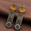Oxidized silver replica dangler earrings with Monalisa stone