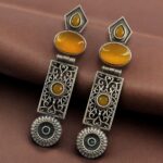 Beautiful Silver Replica Oxidized Dangler Earrings | Monalisa Stone Floral Art Jewelry - "Yellow"