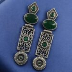 Beautiful Silver Replica Oxidized Dangler Earrings | Monalisa Stone Floral Art Jewelry - "Green"
